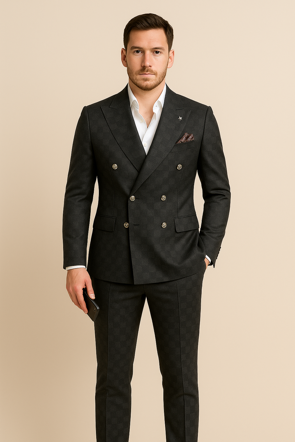 Costume 2 pièces à carreaux de luxe à double boutonnage