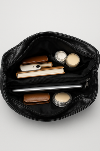 Sac en cuir noir ouvert avec compartiments contenant un smartphone, un carnet, des produits cosmétiques et un étui en cuir marron. Accessoires de voyage.