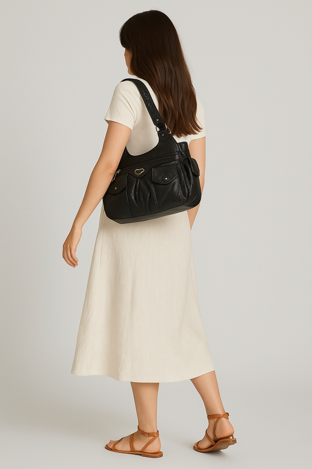 Femme en robe beige portant un sac à main noir en cuir, sandales marron, posant de dos. Mode féminine, accessoires élégants, style décontracté.