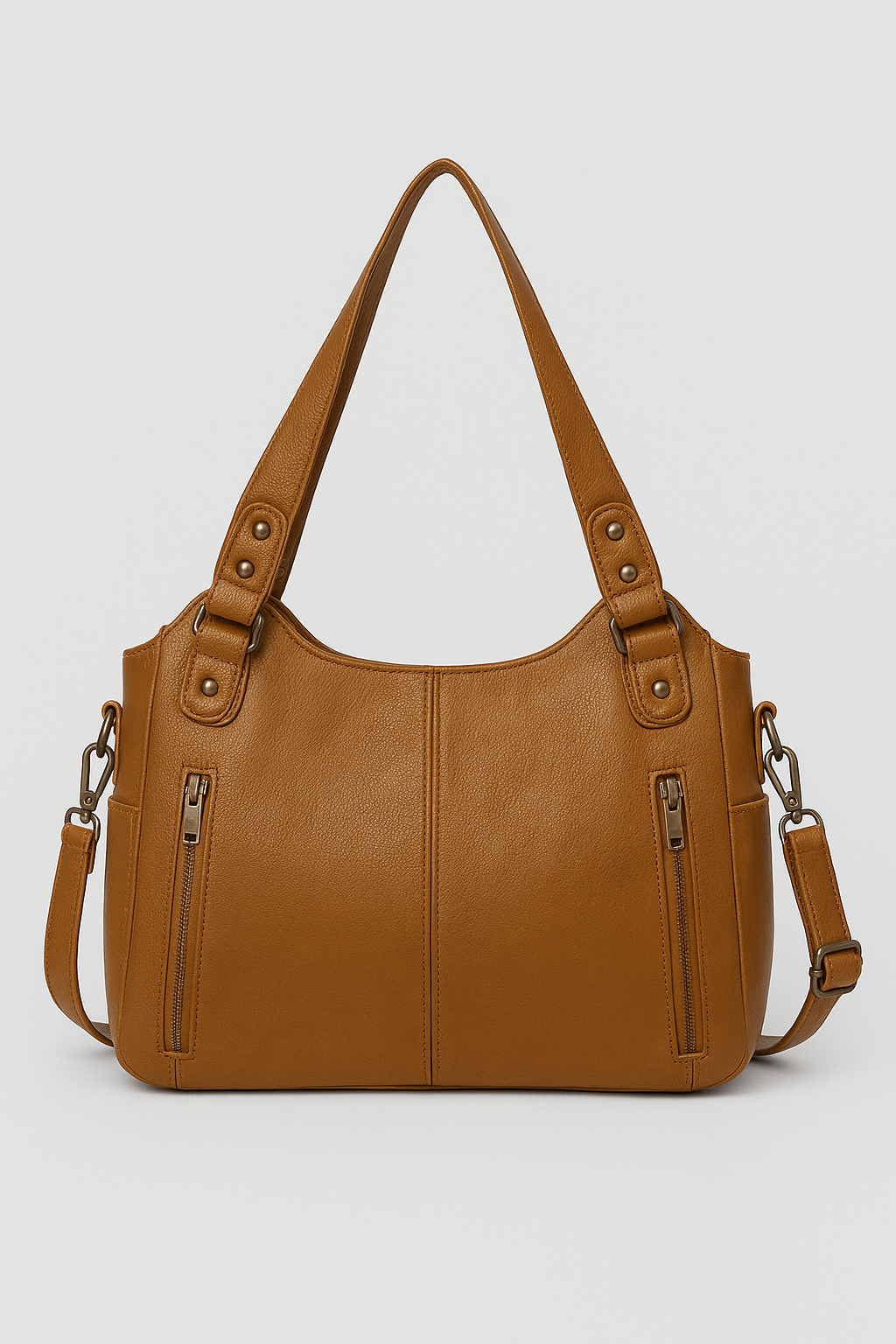 Sac à main en cuir marron avec bandoulière amovible, deux poches zippées à l'avant, idéal pour un style élégant et pratique.