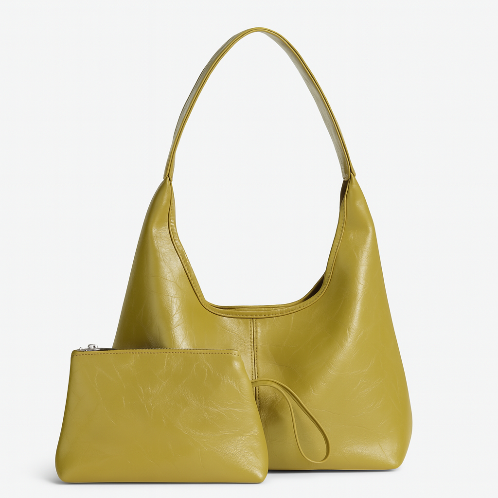 Sac à main en cuir vert olive avec pochette assortie, design moderne et élégant, idéal pour la mode féminine, accessoire tendance et pratique.