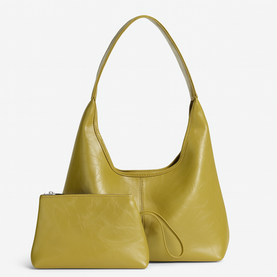 Sac à main en cuir vert olive avec pochette assortie, design moderne et élégant, idéal pour la mode féminine, accessoire tendance et pratique.