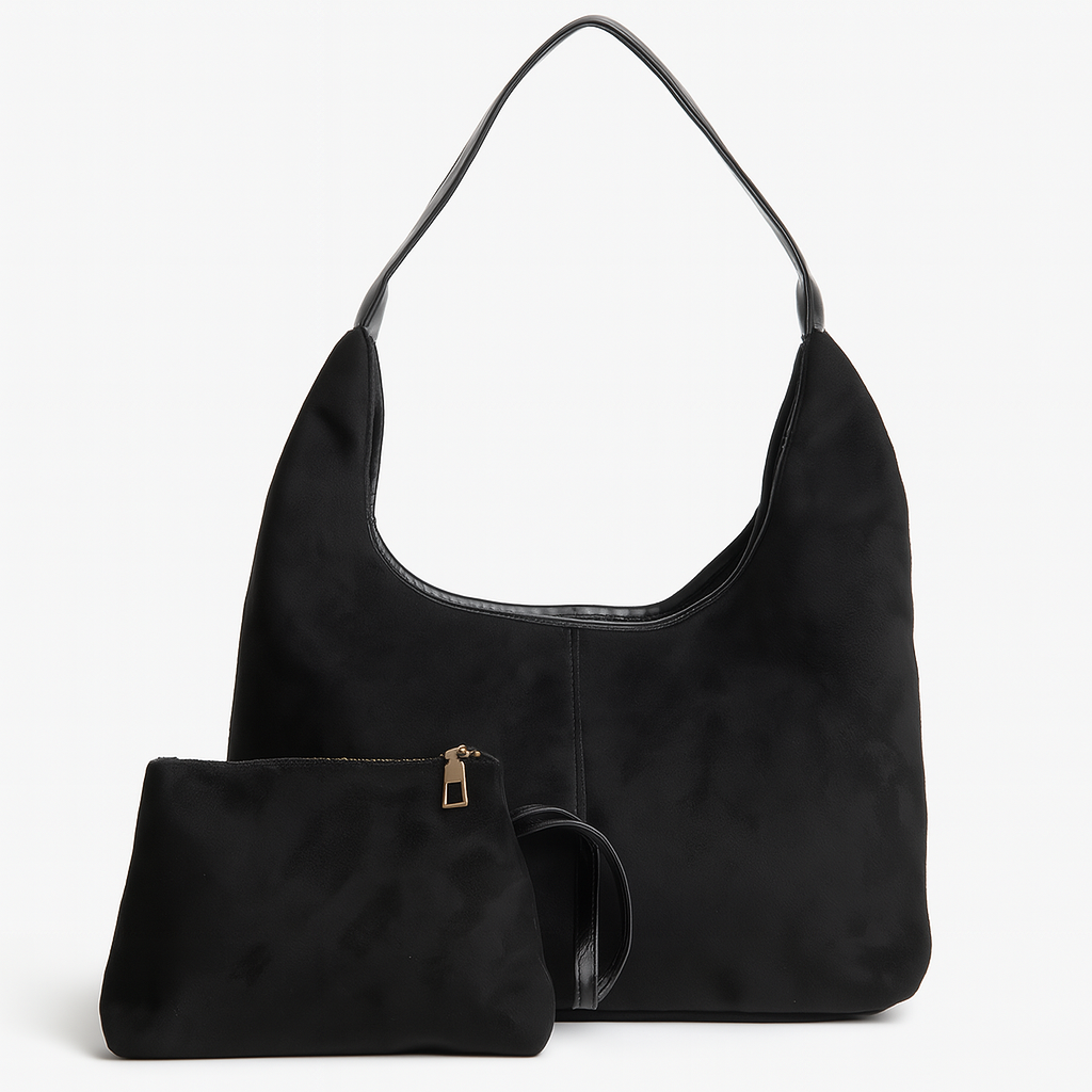 Sac à main noir en cuir avec pochette assortie, design élégant et moderne, accessoire de mode pour femme, idéal pour toutes occasions.