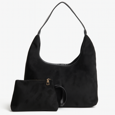 Sac à main noir en cuir avec pochette assortie, design élégant et moderne, accessoire de mode pour femme, idéal pour toutes occasions.
