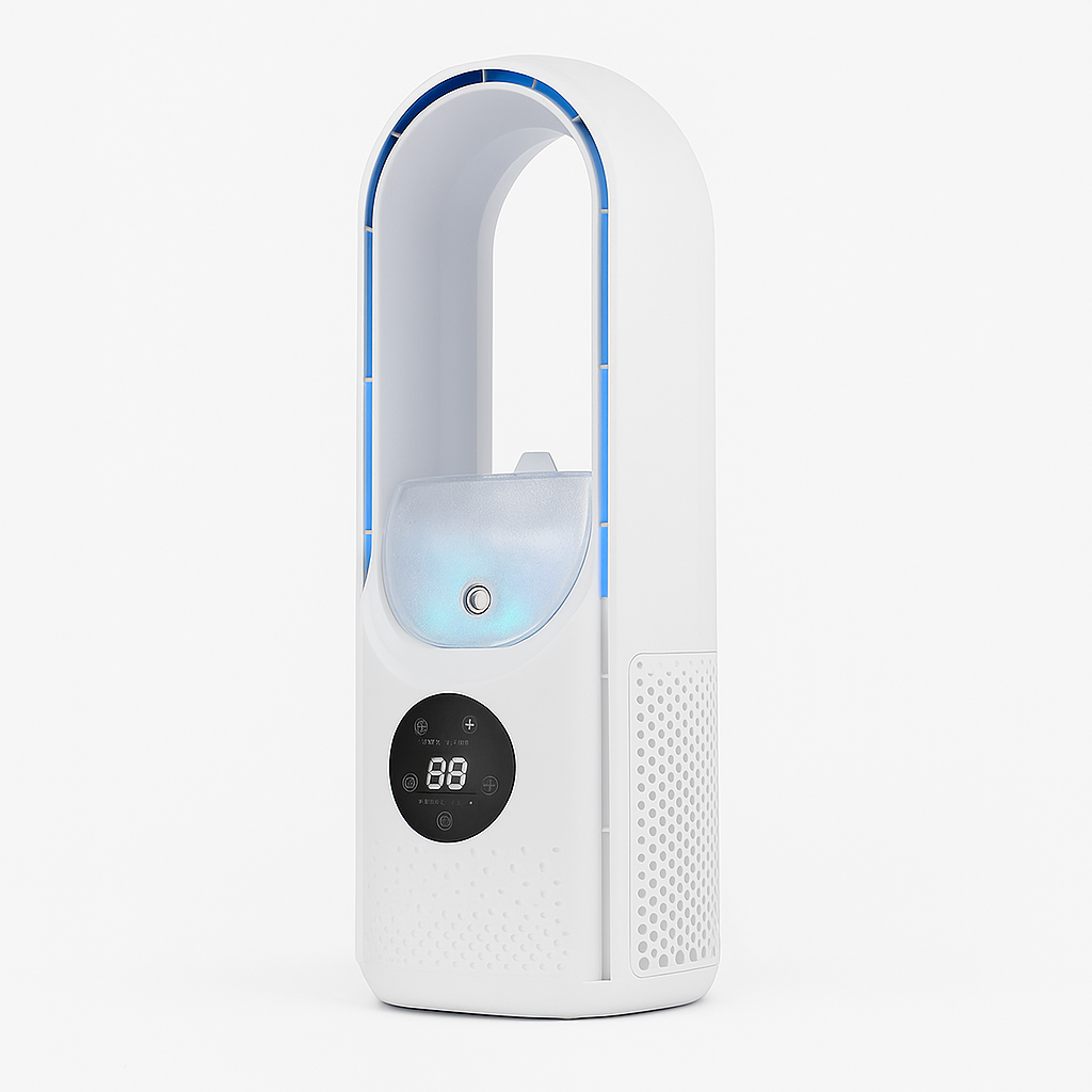 Purificateur d'air blanc moderne avec écran numérique, design sans pales, idéal pour maison ou bureau, améliore la qualité de l'air intérieur.