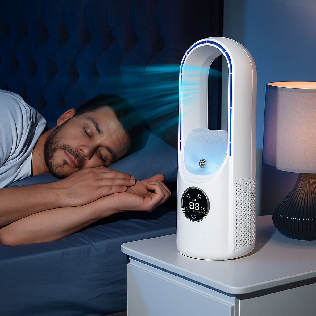 Homme dormant paisiblement à côté d'un ventilateur sans pales moderne sur une table de chevet, affichage numérique lumineux, éclairage doux de lampe.