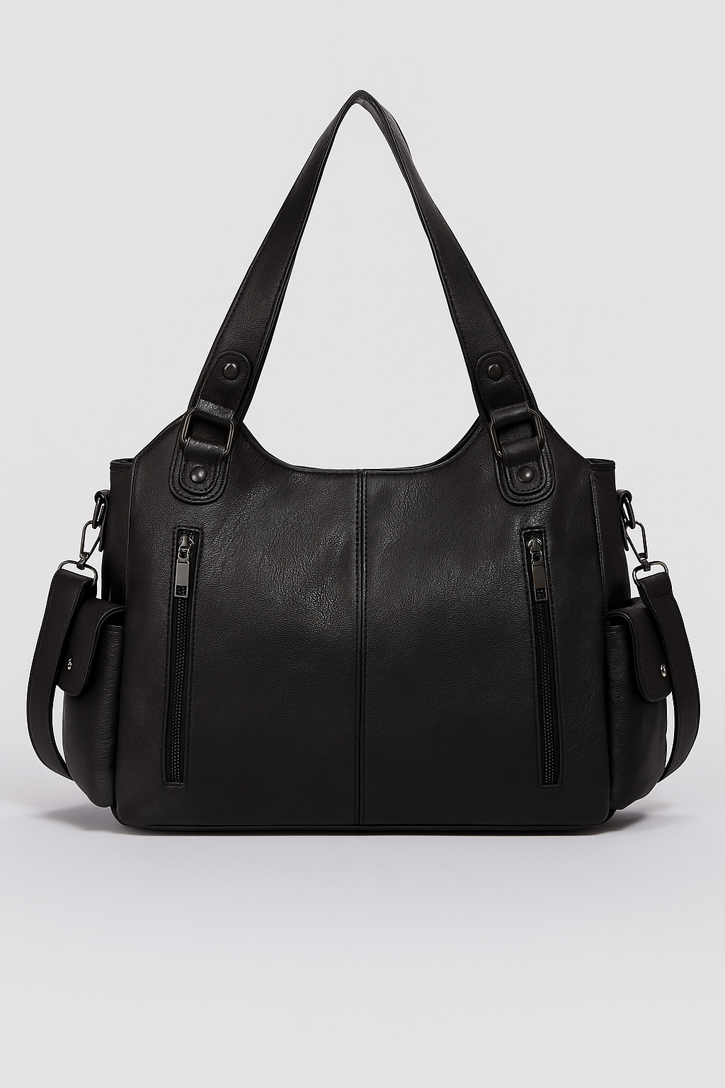 Sac à main en cuir noir élégant avec deux poches zippées à l'avant, anses robustes et bandoulière amovible. Accessoire mode femme chic.