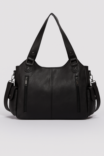 Sac à main en cuir noir élégant avec deux poches zippées à l'avant, anses robustes et bandoulière amovible. Accessoire mode femme chic.
