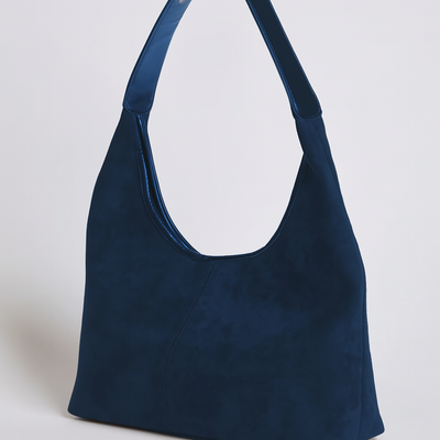 Sac à main bleu marine en daim avec anse large, design élégant et moderne, accessoire de mode pour femme, idéal pour toutes occasions.