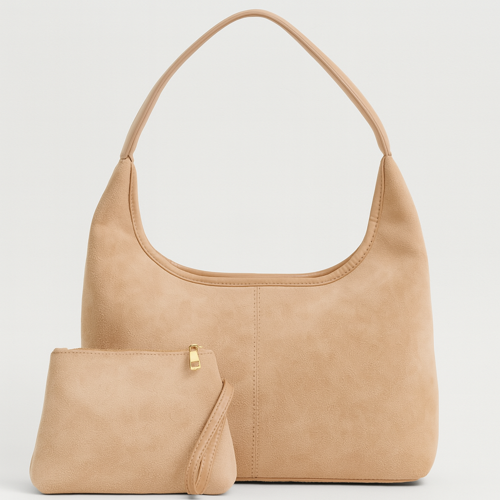 Sac à main beige en cuir synthétique avec pochette assortie, design moderne et minimaliste, idéal pour la mode féminine et les accessoires tendance.