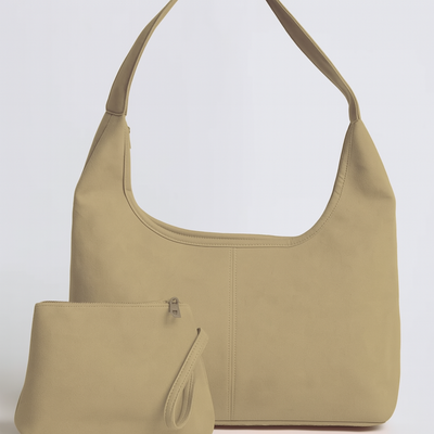Sac à main beige élégant avec pochette assortie, design moderne et minimaliste, idéal pour la mode féminine, accessoire tendance et pratique.