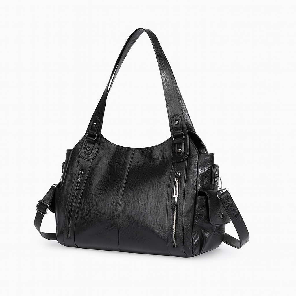 Sac à main en cuir noir élégant avec bandoulières, poches zippées et design moderne. Accessoire mode femme, tendance et pratique.