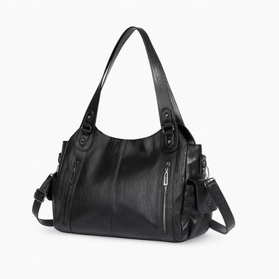 Sac à main en cuir noir élégant avec bandoulières, poches zippées et design moderne. Accessoire mode femme, tendance et pratique.