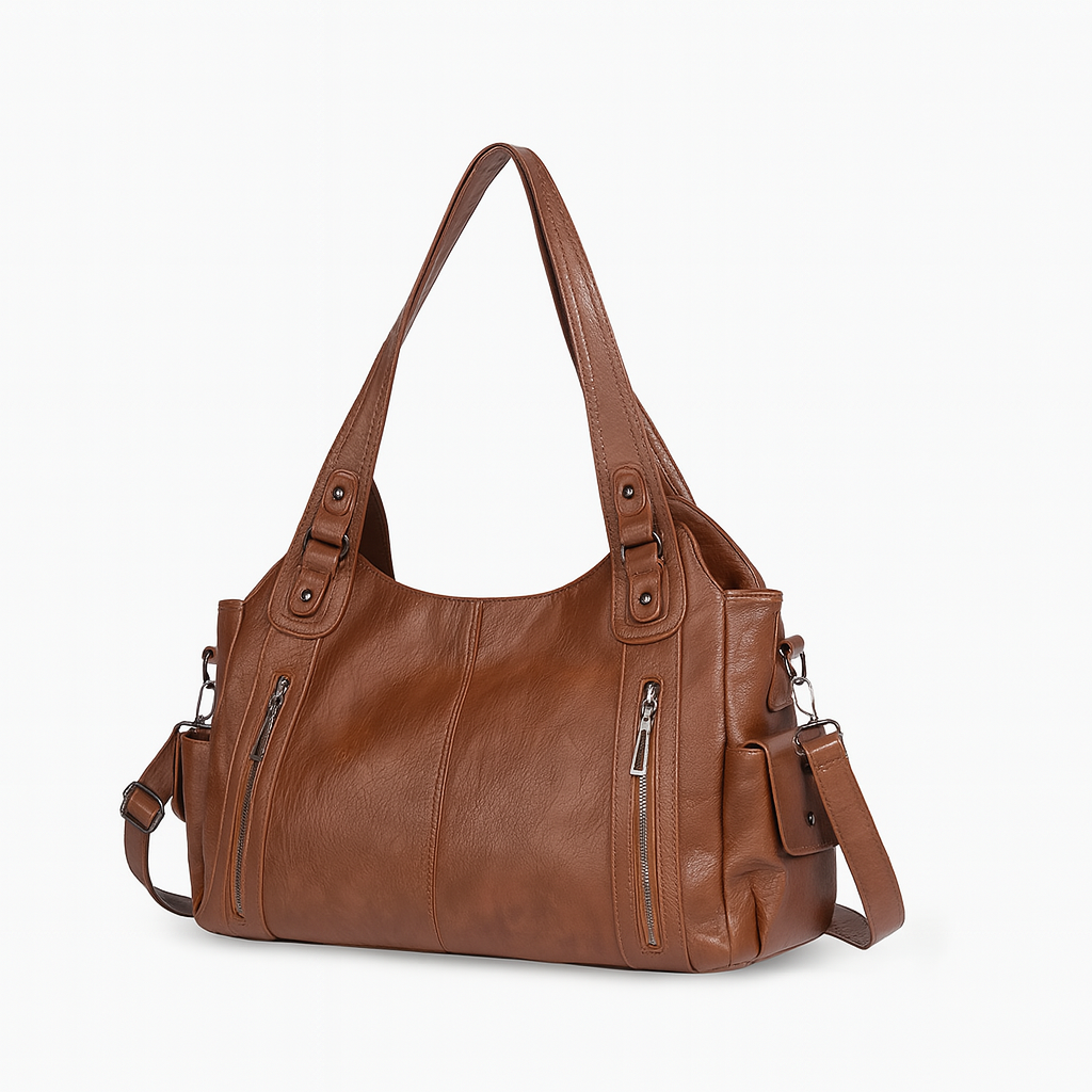 Sac à main en cuir marron avec bandoulière, poches zippées et design élégant. Accessoire mode femme, tendance et pratique.
