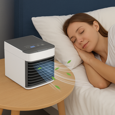 Femme dormant paisiblement à côté d'un mini climatiseur portable sur une table de chevet, diffusant de l'air frais avec des feuilles vertes symboliques.