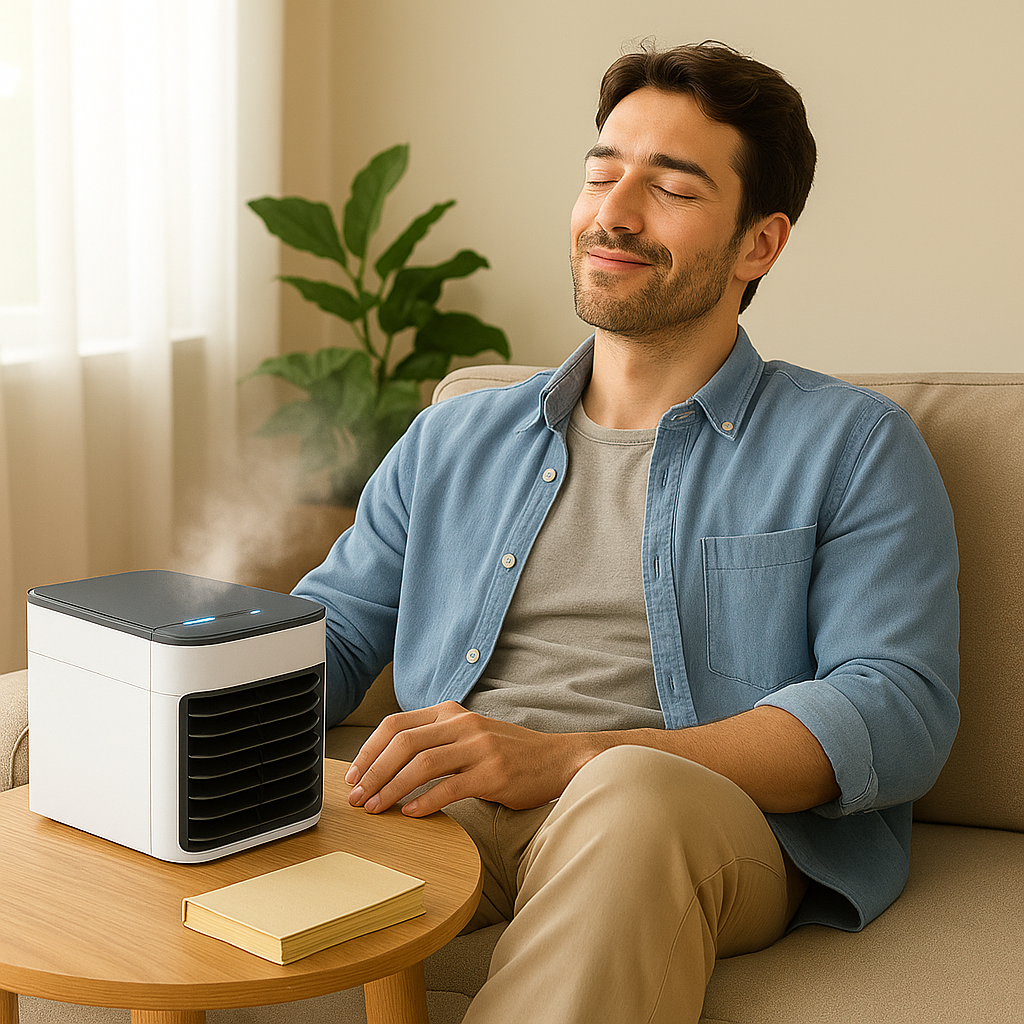 Homme détendu près d'un mini climatiseur portable sur une table, intérieur lumineux, plante en arrière-plan. Refroidissement personnel, confort maison.
