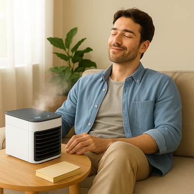 Homme détendu près d'un mini climatiseur portable sur une table, intérieur lumineux, plante en arrière-plan. Refroidissement personnel, confort maison.