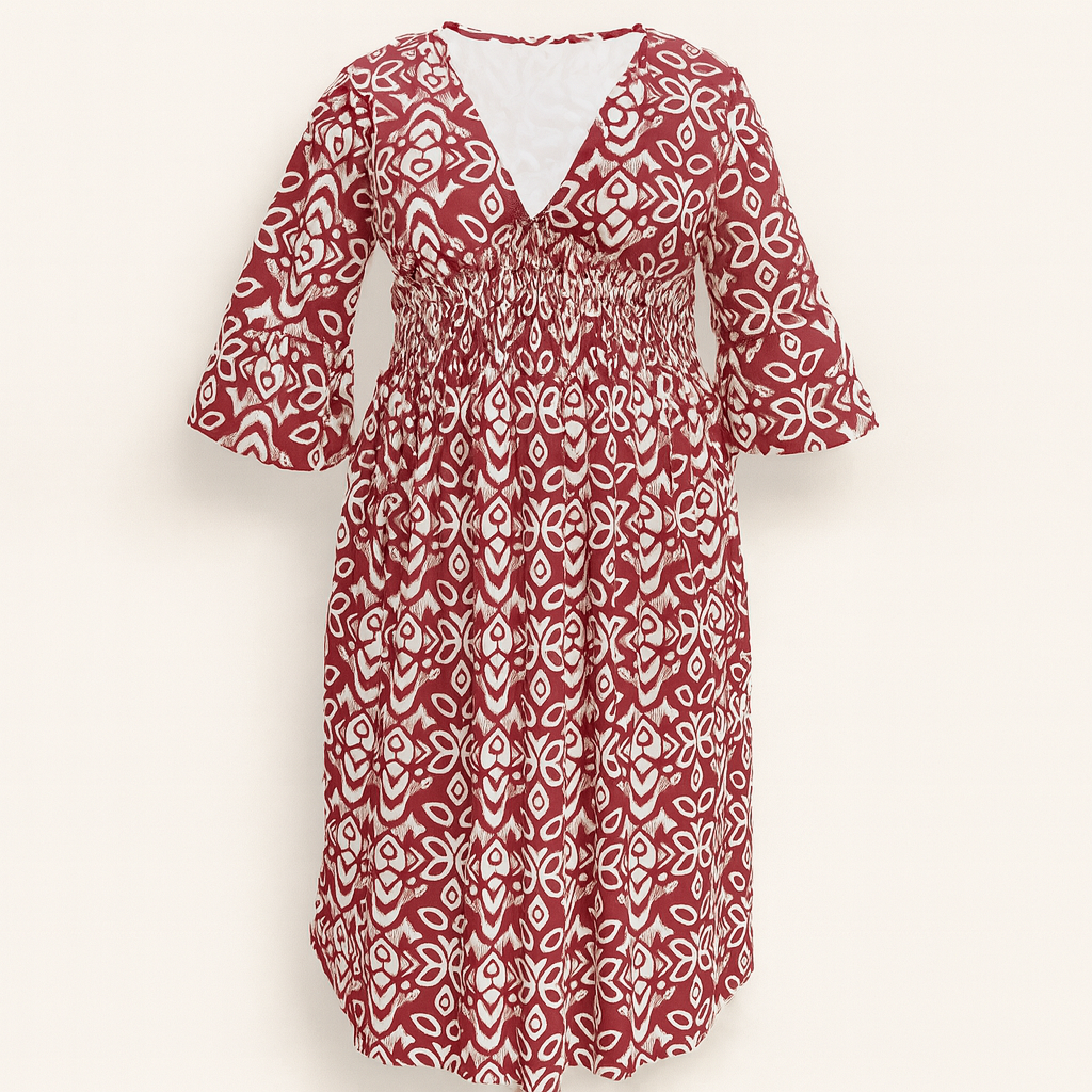 Red Floral dress with V-neckline