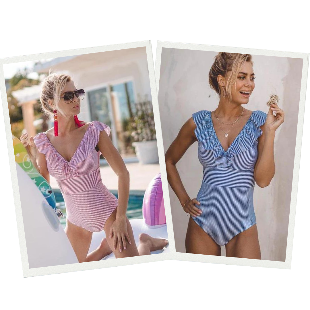 Deux femmes en maillots de bain une pièce à volants, l'un rose et l'autre bleu, posent en extérieur. Mode estivale, style plage chic.