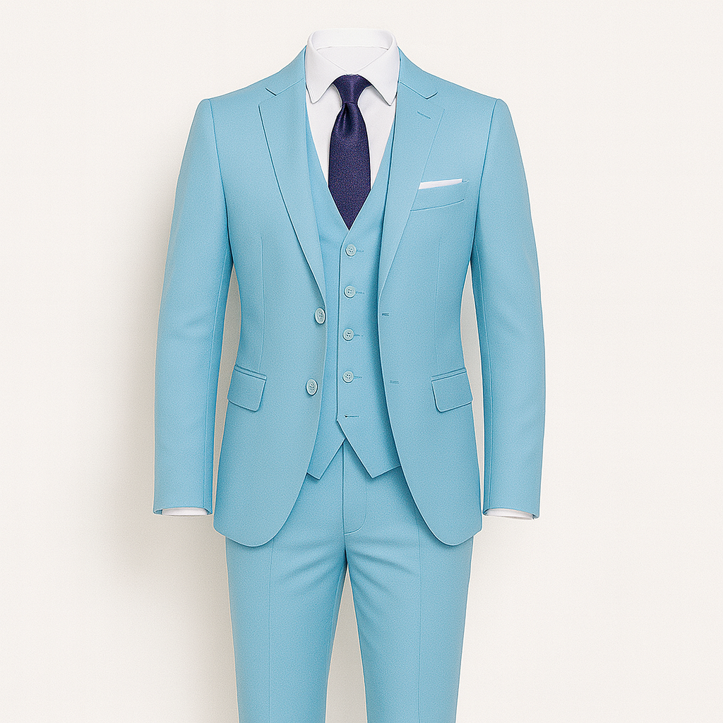 Light Blue Men's three-piece suit - blazer, vest and slim-fit trousers