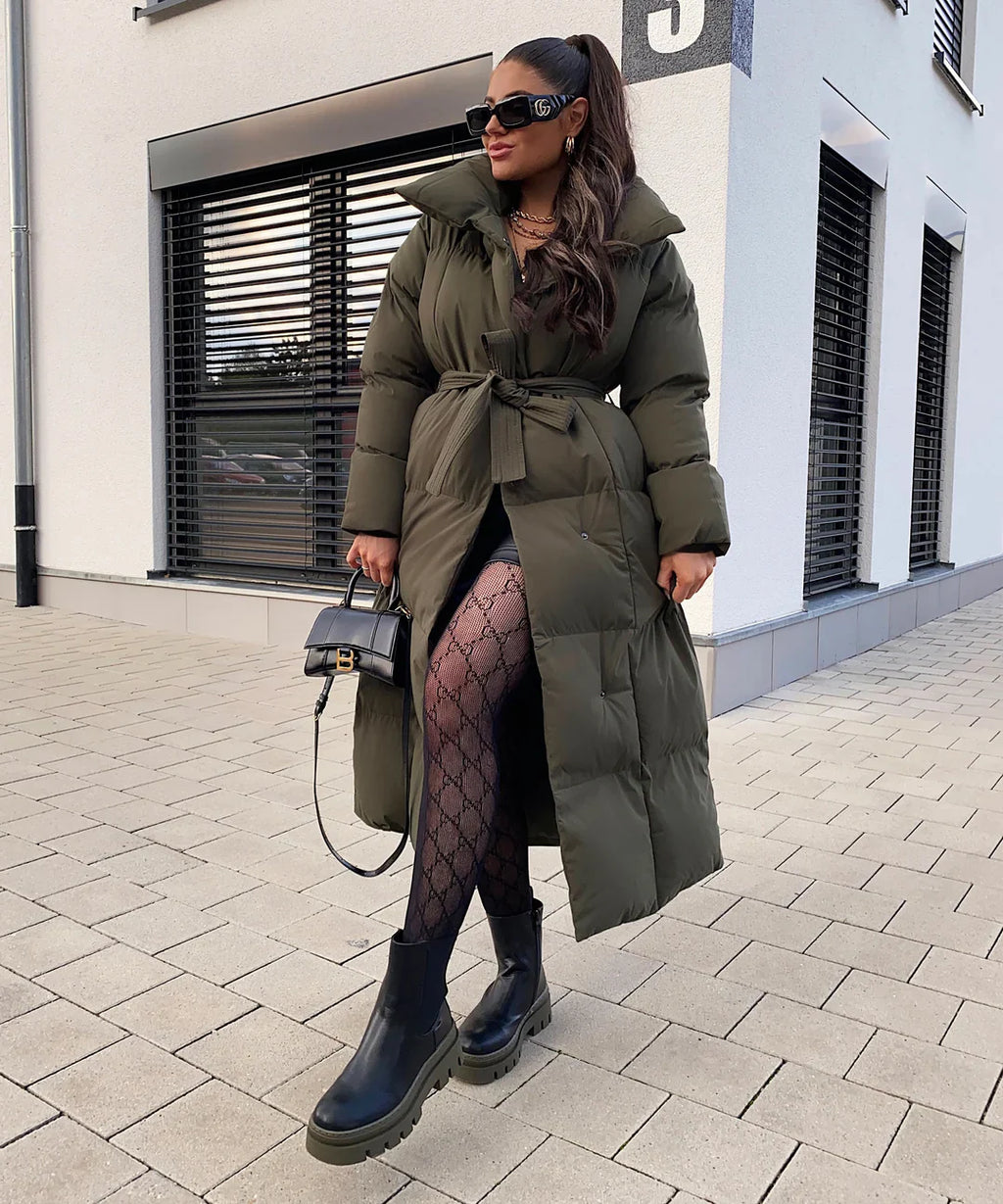 Mellody lang elegant frakke med bælte til kvinder - Premium uldblanding