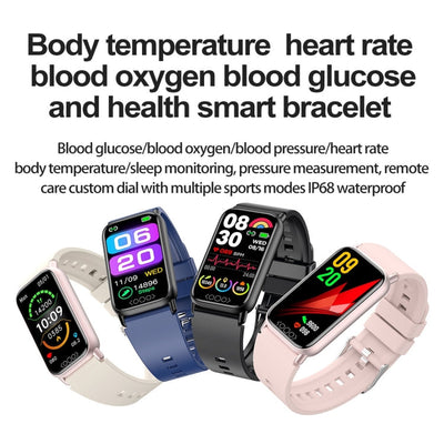 Bracelet intelligent de santé avec écran couleur, suivi de la température corporelle, fréquence cardiaque, glycémie, IP68 étanche, modes sportifs multiples.