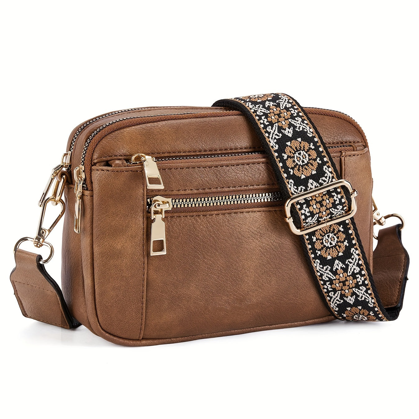 Sac à bandoulière en cuir marron avec sangle brodée florale, fermetures éclair dorées, design élégant et pratique pour femme.