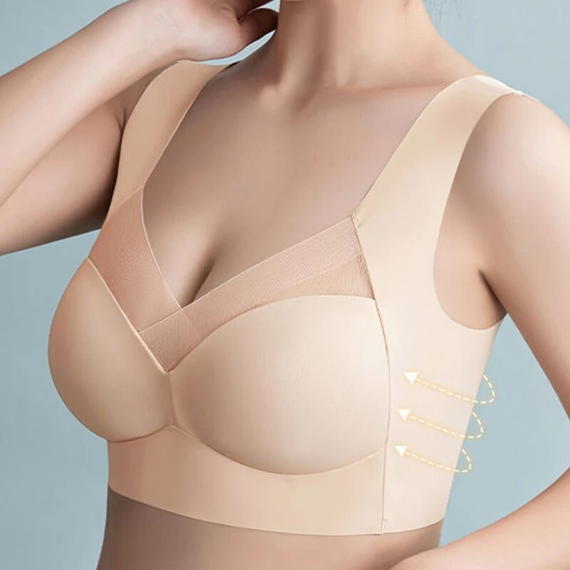 Soutien-gorge beige sans couture, maintien optimal, bretelles larges, design ergonomique, confort quotidien, lingerie féminine moderne.