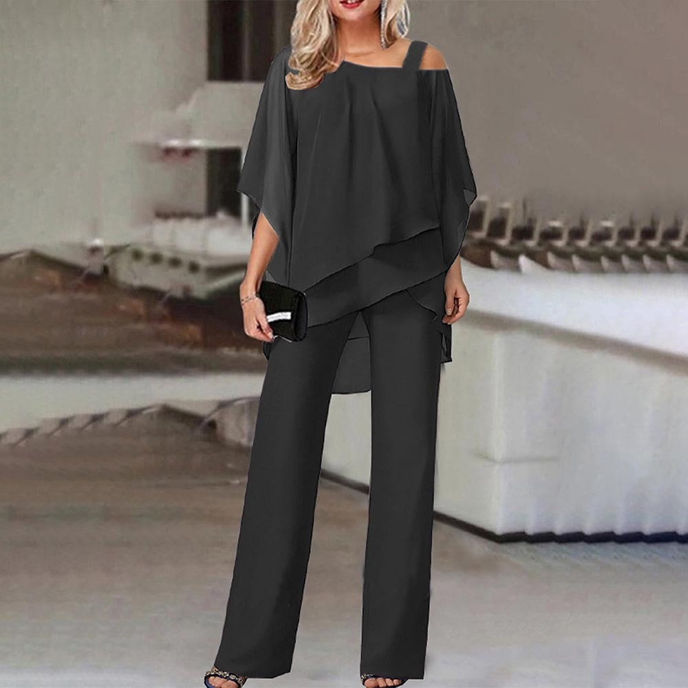 Completo da donna in 2 pezzi, spalle scoperte, poliestere fluido