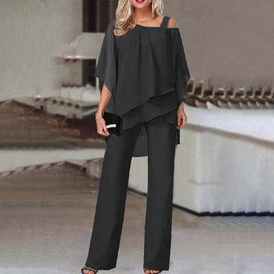 Completo da donna in 2 pezzi, spalle scoperte, poliestere fluido