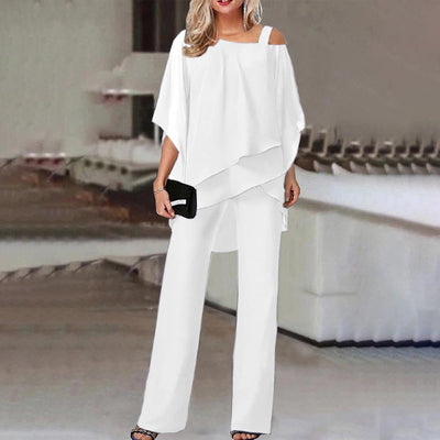 Completo da donna in 2 pezzi, spalle scoperte, poliestere fluido