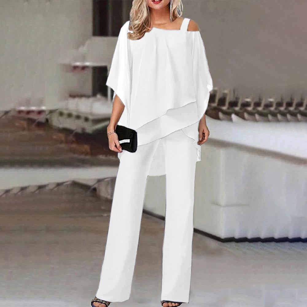 Completo da donna in 2 pezzi, spalle scoperte, poliestere fluido