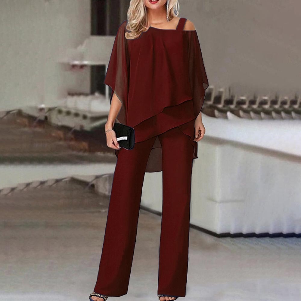 Completo da donna in 2 pezzi, spalle scoperte, poliestere fluido