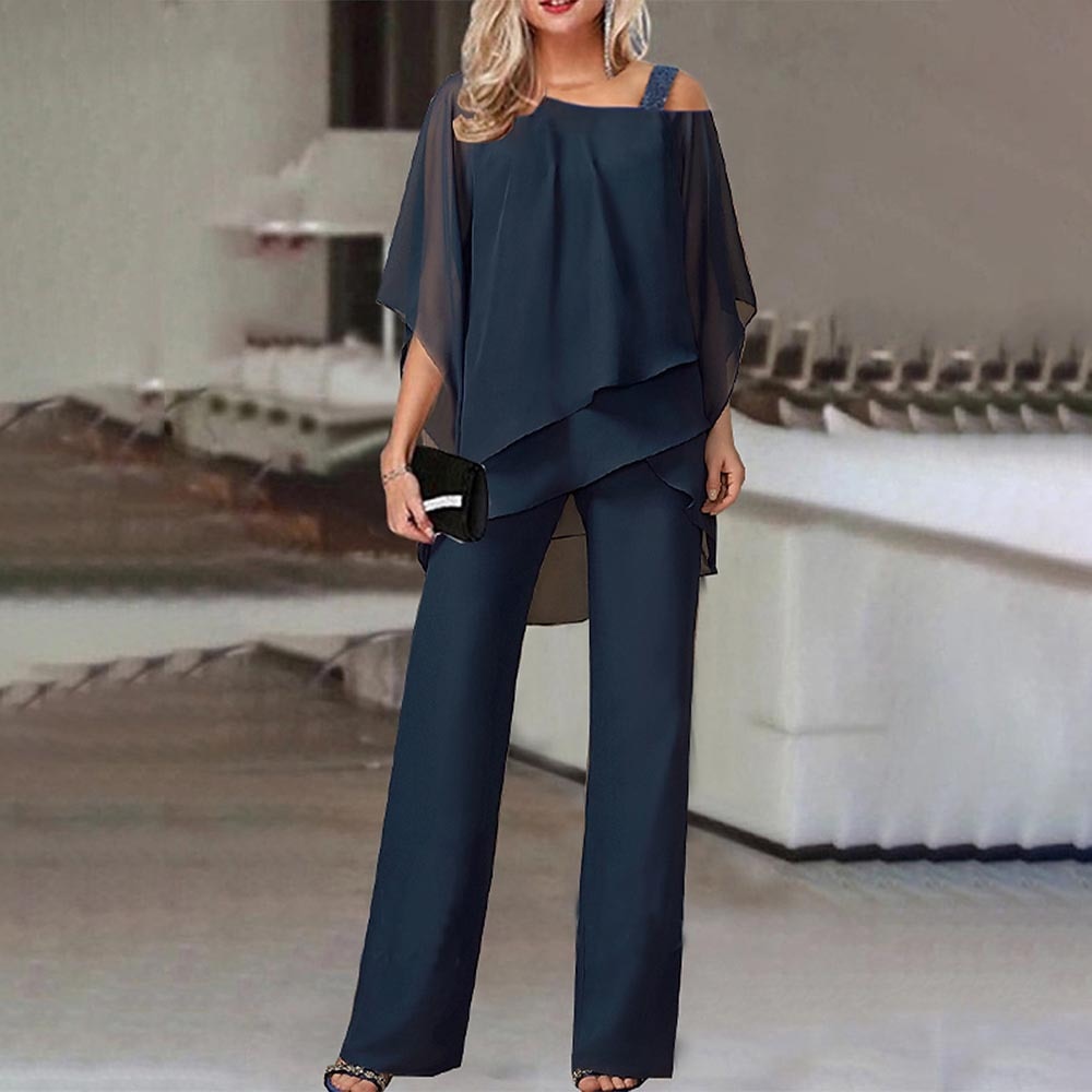 Completo da donna in 2 pezzi, spalle scoperte, poliestere fluido