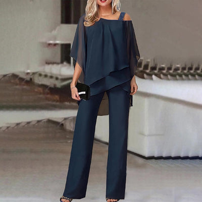 Completo da donna in 2 pezzi, spalle scoperte, poliestere fluido