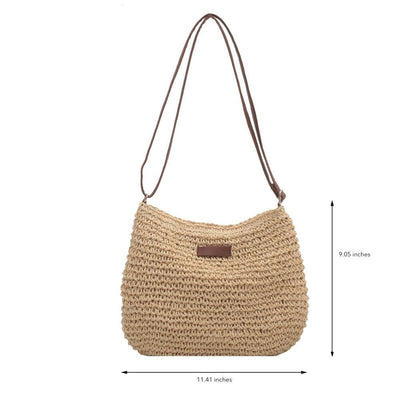 Sac à main en paille tressée beige avec bandoulière en cuir marron, dimensions 11,41 x 9,05 pouces, style bohème chic, accessoire mode femme.