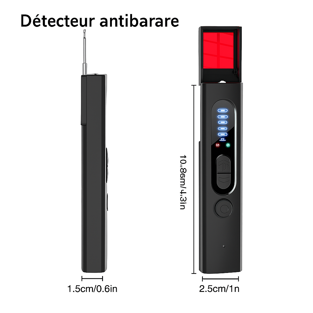 Détecteur antibrouillage noir, compact, avec écran LED, antenne rétractable, dimensions 10,6 cm x 2,5 cm, idéal pour sécurité et protection.