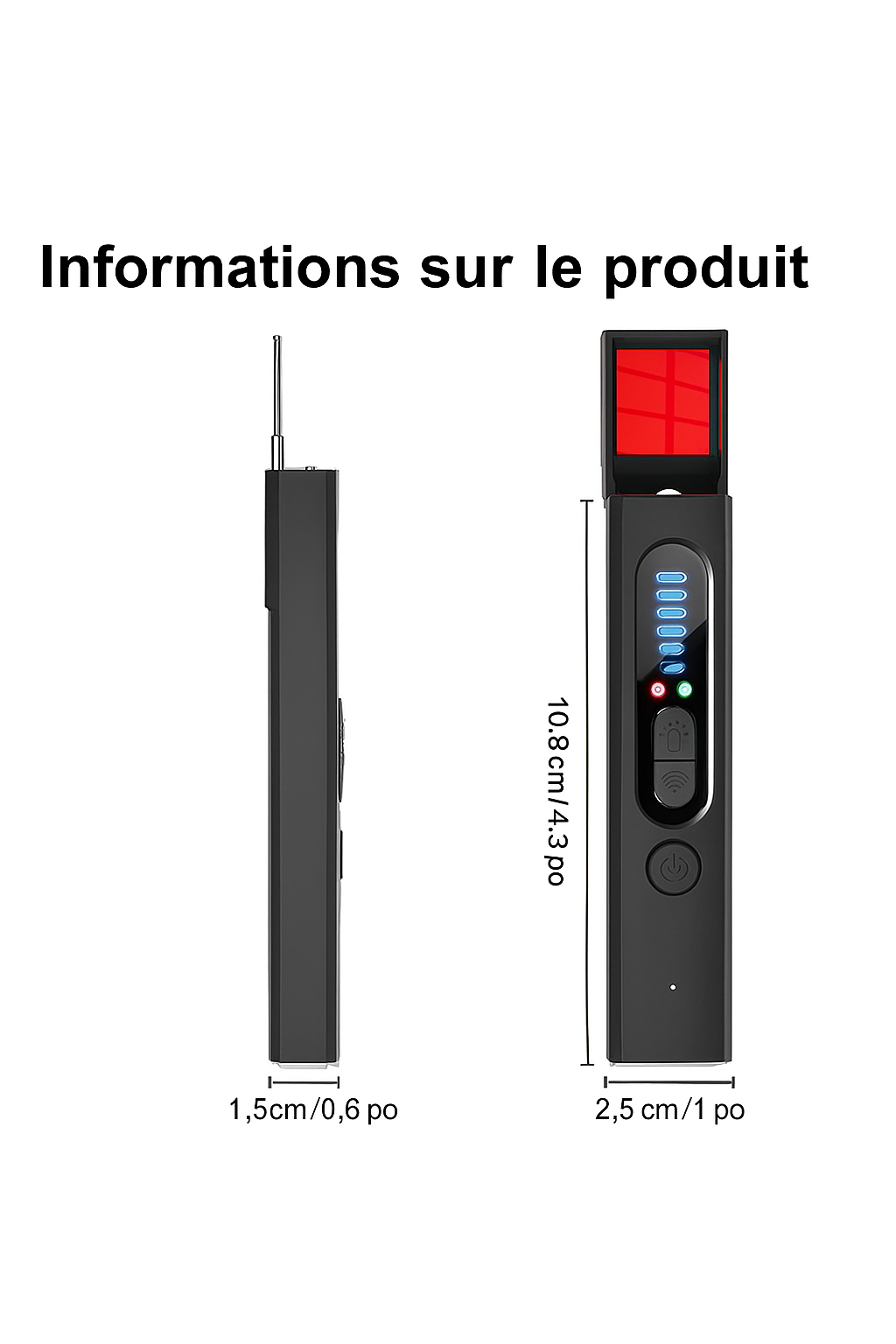 Télémètre laser numérique noir, affichage LED, bouton marche/arrêt, dimensions 10,8 cm x 2,5 cm x 1,5 cm, outil de mesure précis et compact.