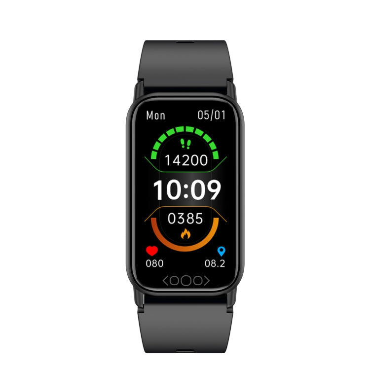 Montre connectée noire affichant l'heure, la date, le nombre de pas, les calories brûlées et la fréquence cardiaque. Écran couleur moderne et élégant.