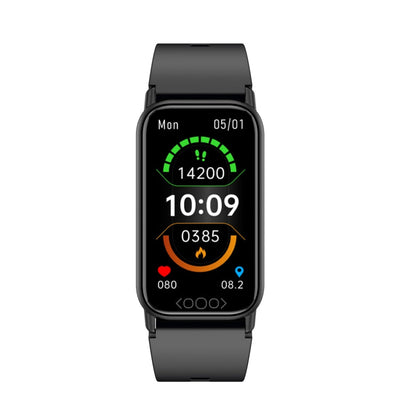 Montre connectée noire affichant l'heure, la date, le nombre de pas, les calories brûlées et la fréquence cardiaque. Écran couleur moderne et élégant.