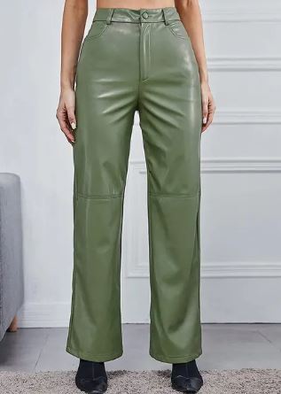 Pantalon en cuir vert olive pour femme, taille haute, coupe droite, élégant et moderne, idéal pour la mode automne-hiver.