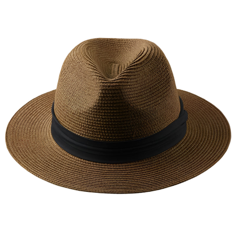 Chapeau Fedora en paille marron avec bande noire, élégant et tendance, idéal pour l'été et les occasions décontractées. Accessoire mode intemporel.