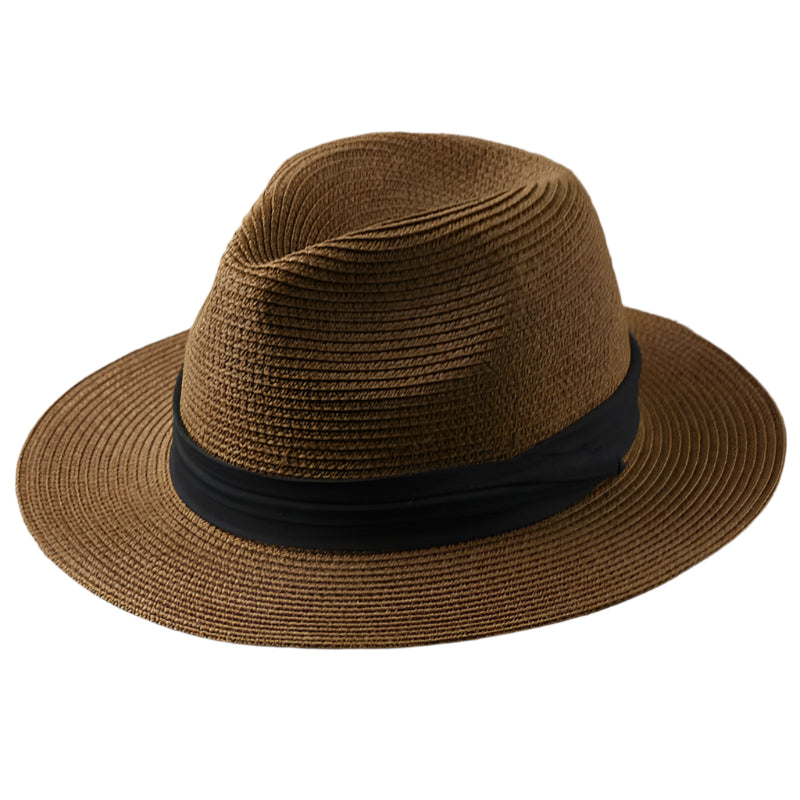 Chapeau Fedora en paille marron avec bande noire, élégant et tendance, idéal pour l'été et les occasions décontractées. Accessoire mode intemporel.