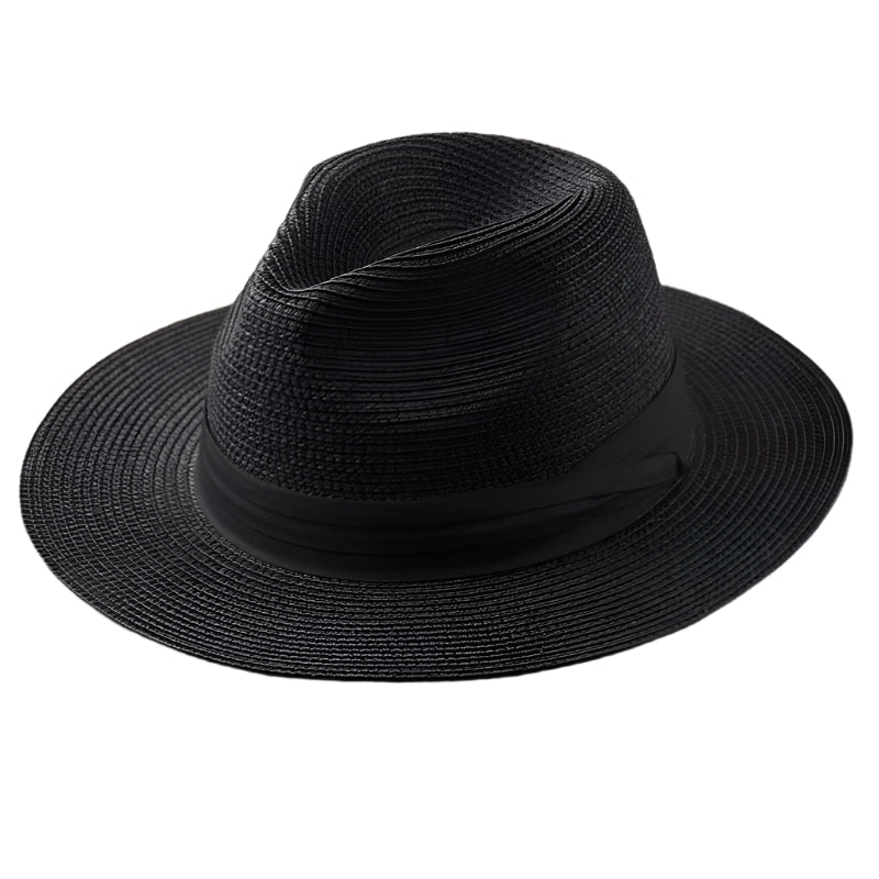 Chapeau Fedora noir en paille tressée avec ruban noir, élégant et intemporel, idéal pour un style chic et sophistiqué.