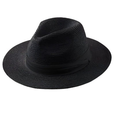 Chapeau Fedora noir en paille tressée avec ruban noir, élégant et intemporel, idéal pour un style chic et sophistiqué.