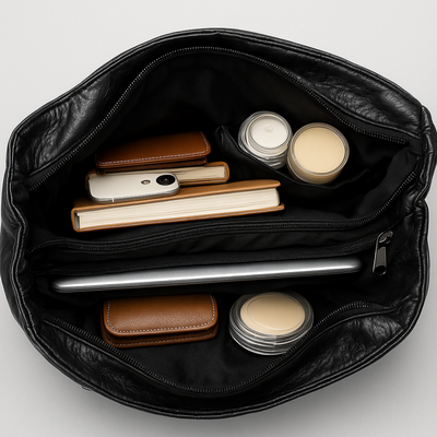 Sac en cuir noir ouvert contenant un ordinateur portable, un smartphone, des carnets, des porte-cartes et des boîtes de crème. Accessoires de bureau élégants.