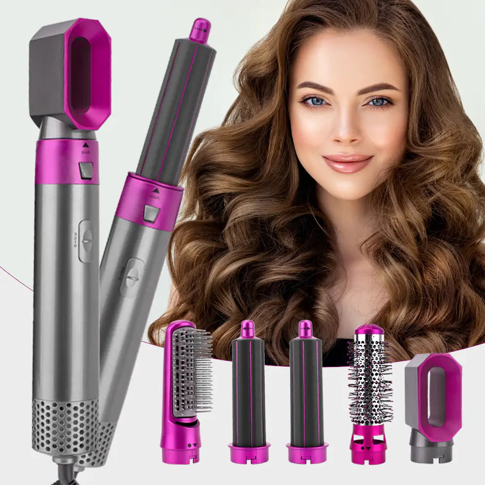 Appareil coiffant multifonction avec accessoires interchangeables, idéal pour boucler et lisser les cheveux. Femme aux cheveux bouclés en arrière-plan.