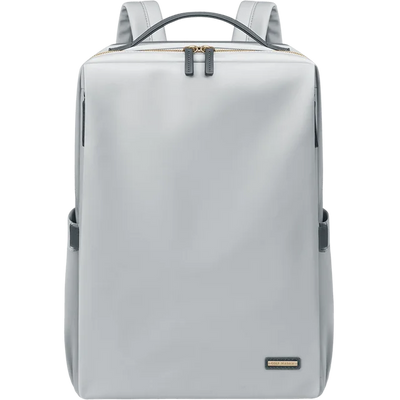 Sac à dos gris moderne et minimaliste, avec fermeture éclair dorée, idéal pour le voyage et le quotidien. Design élégant et fonctionnel.