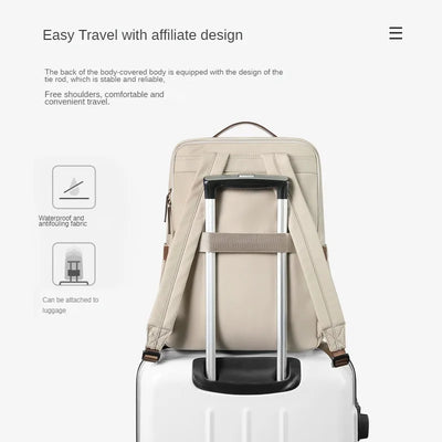 Sac à dos beige fixé sur une valise blanche avec poignée télescopique, tissu imperméable, design pratique pour voyage facile et confortable.