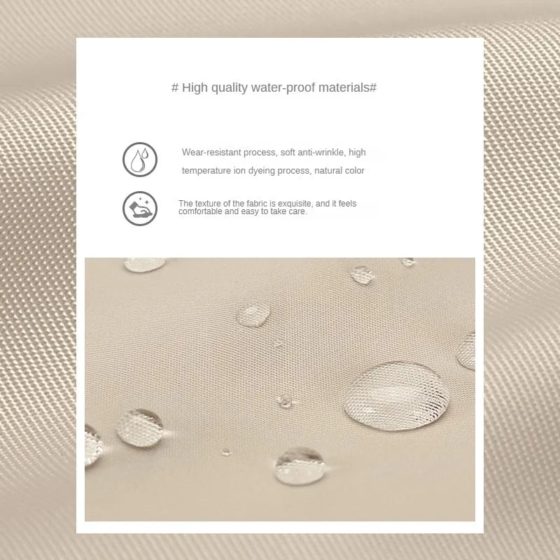 Gouttes d'eau sur tissu beige imperméable, texture fine, résistant à l'usure, anti-rides, teinture haute température, couleur naturelle.